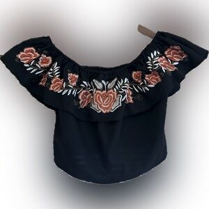 Floral Embroidered Black Off-Shoulder Top